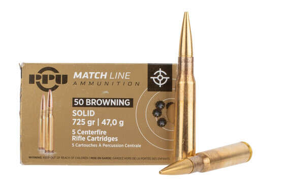 PPU Match Line .50 BMG ammunition with 725gr solid, full metal jacket bullets. 5 cartridges per box.